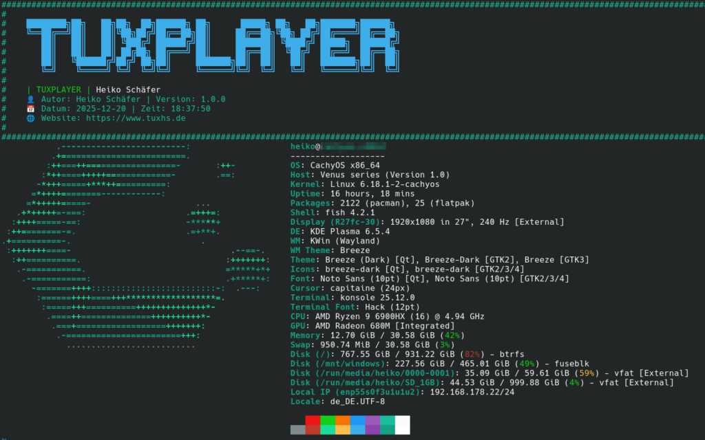 TUXPLAYER Banner mit neofetch System-Infos